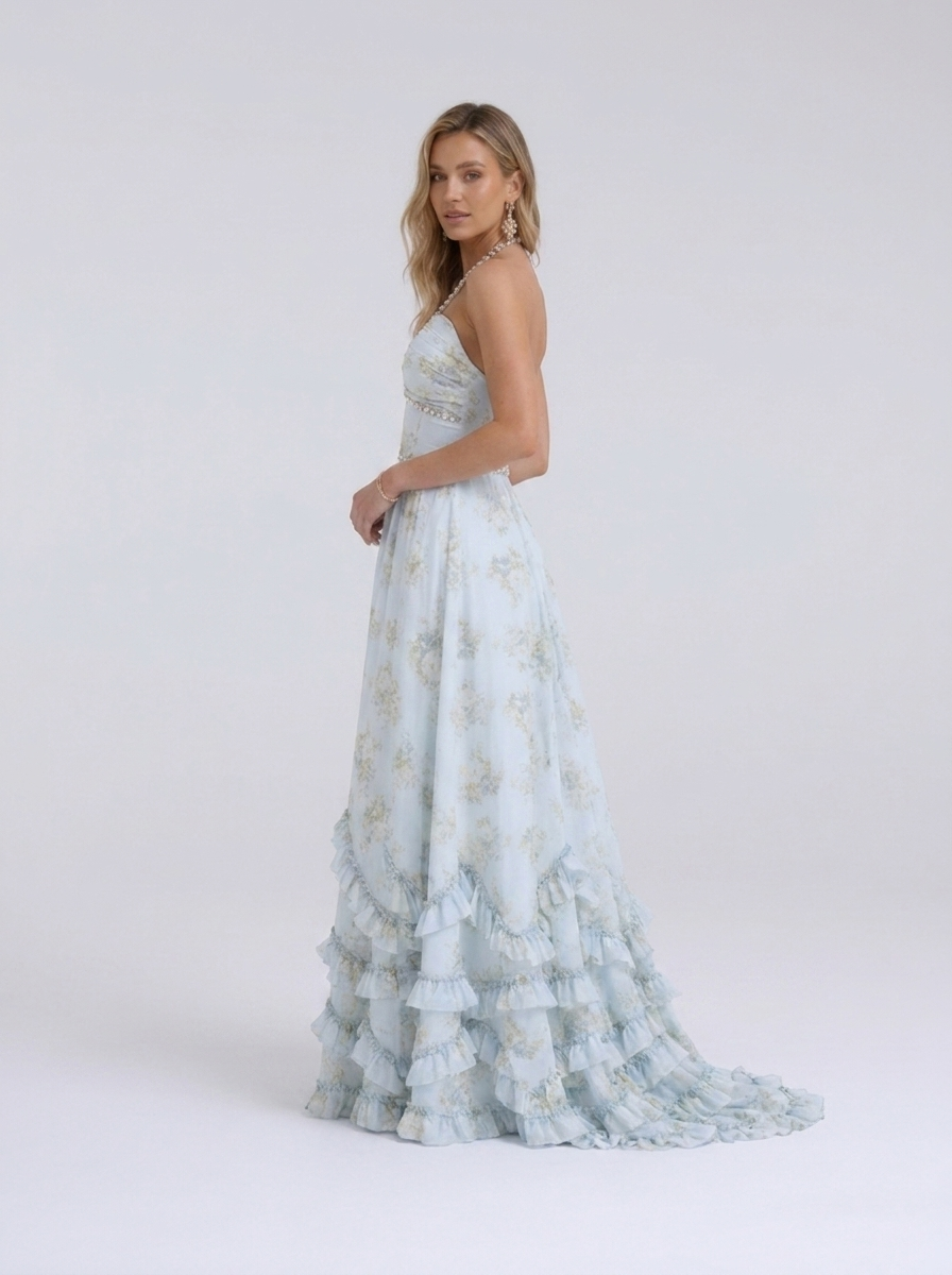 Pearl-trim floral maxi dress with side slit, view 8