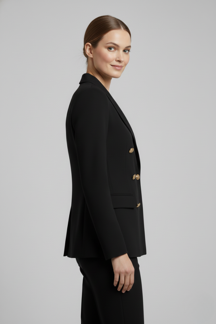Dobbeltradet Blazer med Guldknapper i farven Gul, closeup af stoffet og syningen