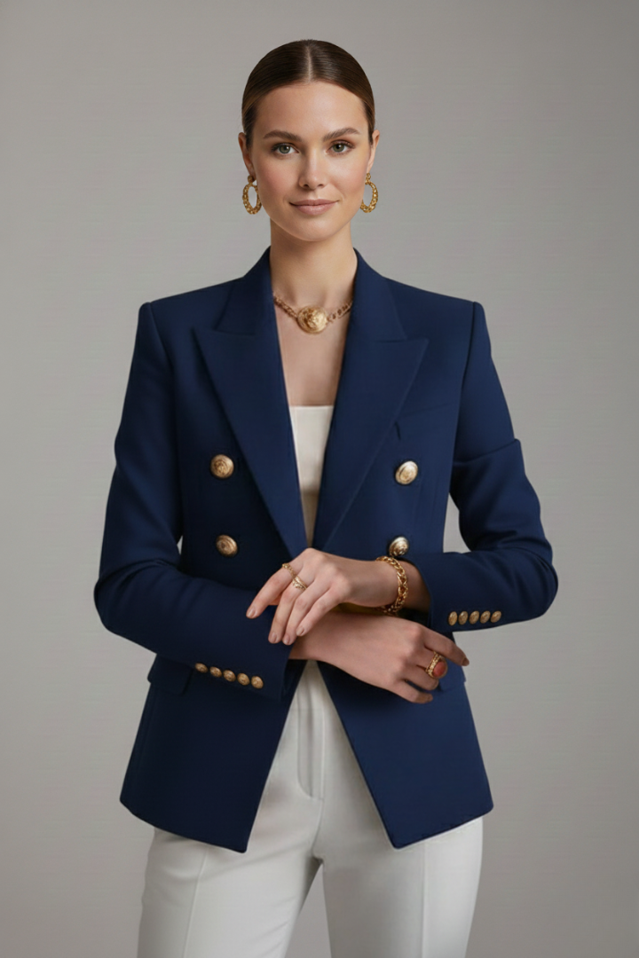 Dobbeltradet Blazer med Guldknapper, closeup af ærme og manchet
