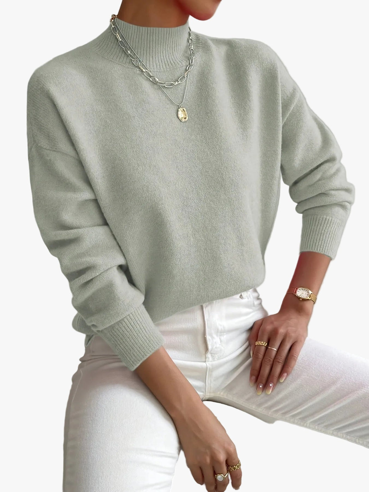 Rullekrave-sweater med ribkant, set forfra