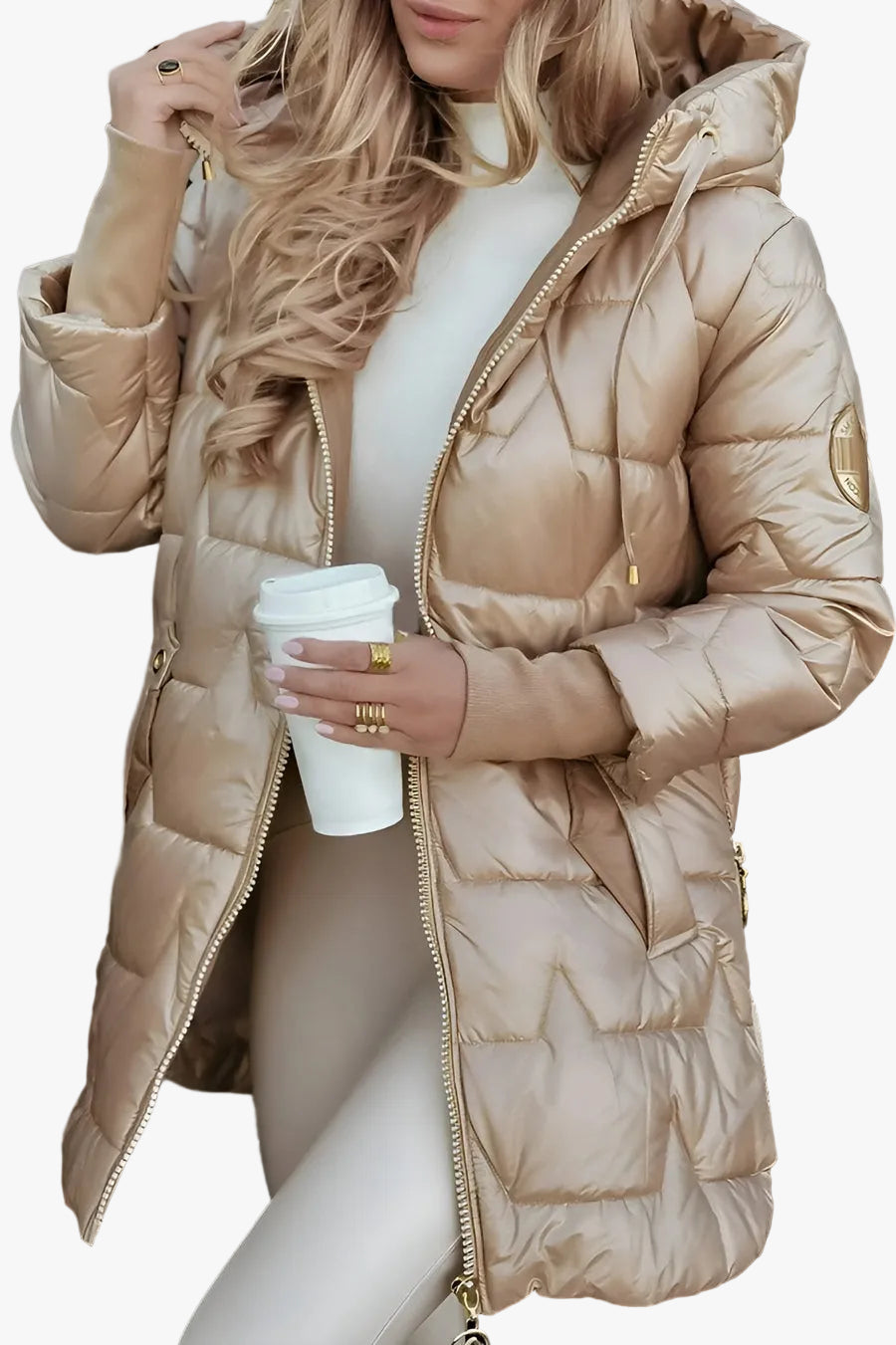 Lang Dunjakke med Hætte i farven Beige, set forfra