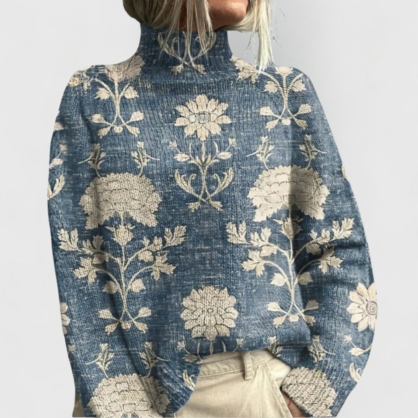 Elegant Sweater med Blomsterprint og Rullekrave