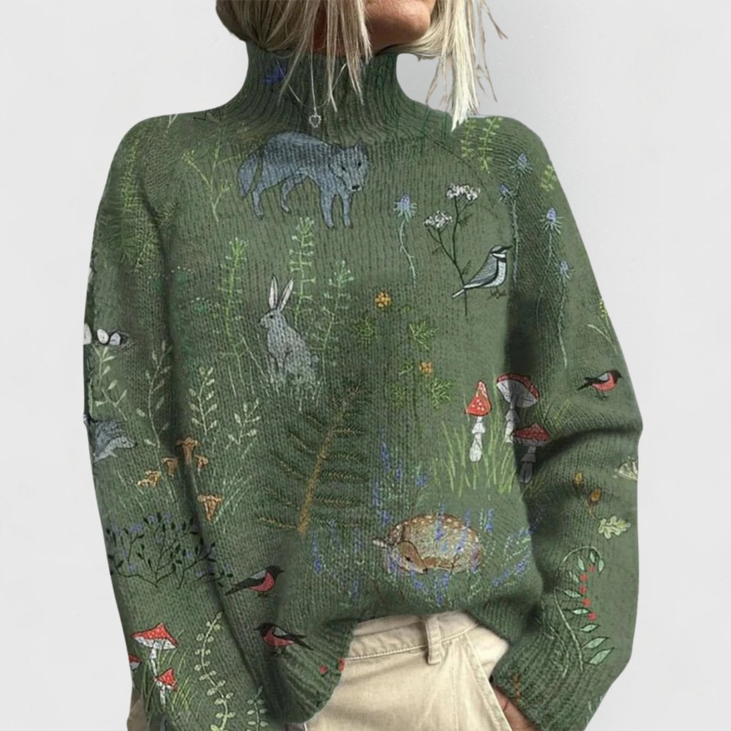 Elegant Sweater med Blomsterprint og Rullekrave