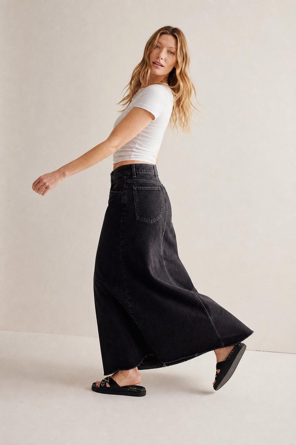 Vintage A-line denim maxi skirt in Black