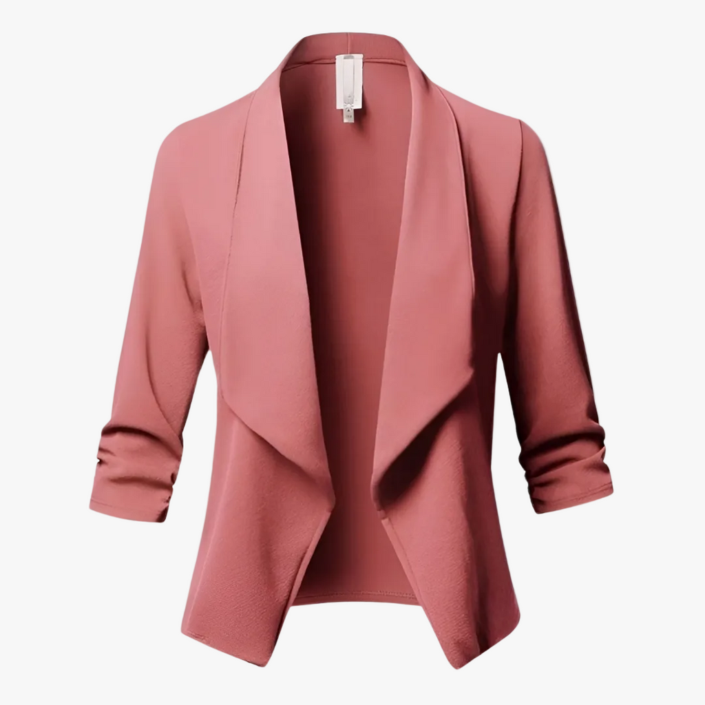 Åben Blazer med Draperet Sjalskrave i farven Pink, set forfra
